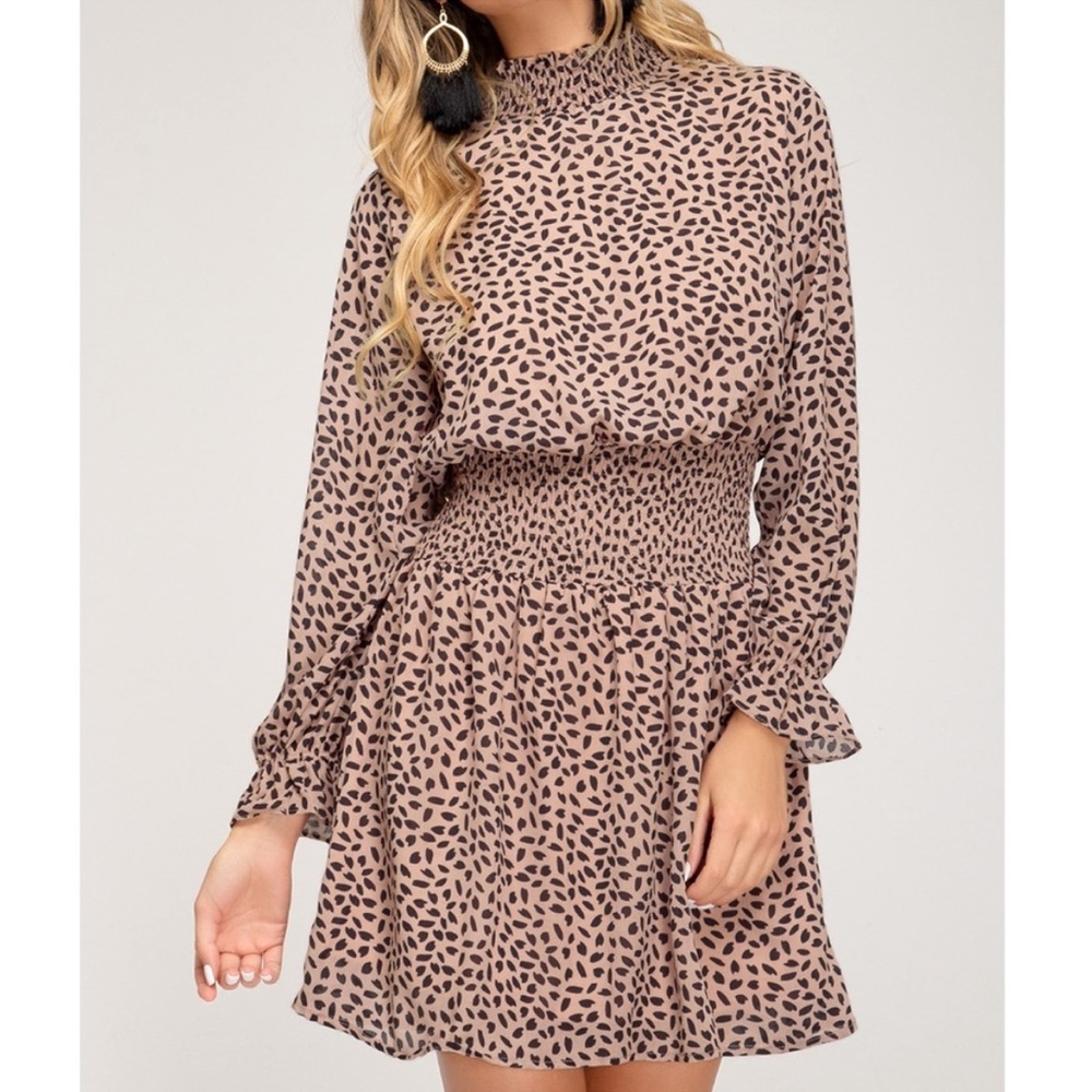 Smocked Waist Patterned Long Sleeve Lined Mini Dress Romantic Pink Womens Size S
